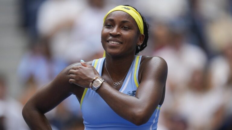 Coco Gauff, of the United States, reacts after defeating Varvara Gracheva, of France, during the first round of the U.S. Open tennis championships, Monday, Aug. 26, 2024, in New York. (Seth Wenig/AP Photo)