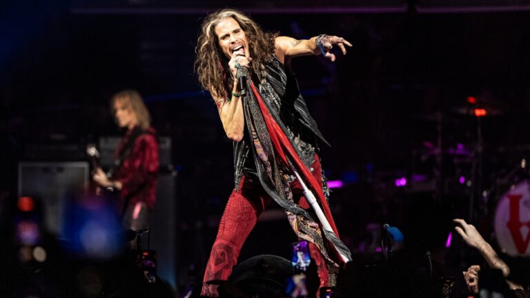 Steven Tyler of Aerosmith performs during night one of their "Peace Out: The Farewell Tour" on Saturday, Sept. 2, 2023, at Wells Fargo Center in Philadelphia. (Photo by Amy Harris / Invision / AP)