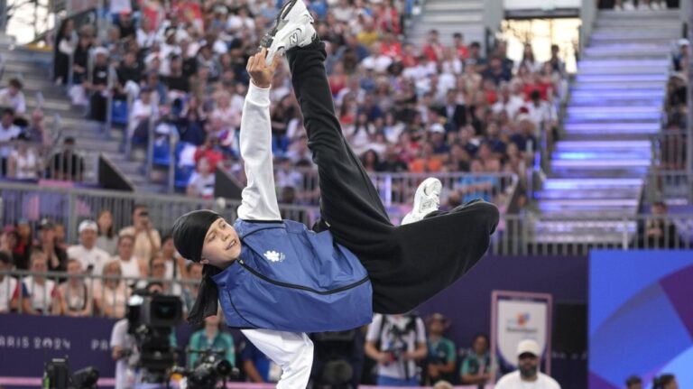 Lithuania's Dominika Banevic, known as B-Girl Nicka, competes during the B-Girls quarterfinals at the breaking competition at La Concorde Urban Park at the 2024 Summer Olympics, Friday, Aug. 9, 2024, in Paris, France. (AP Photo/Frank Franklin)