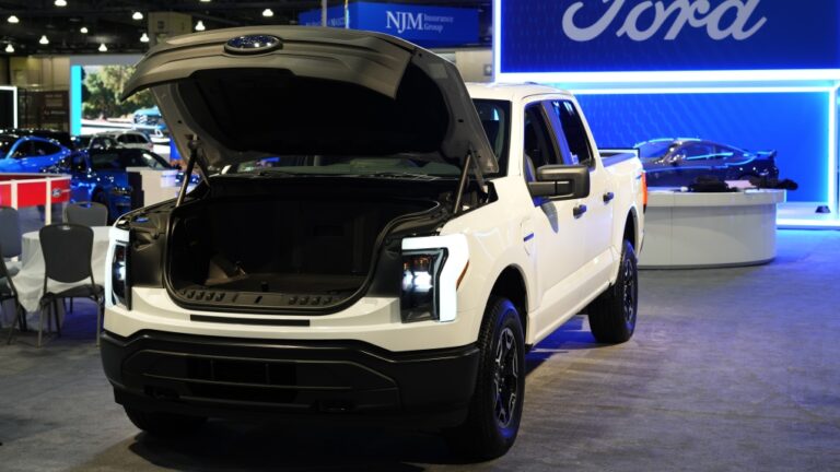 The Ford F-150 Lightning displayed at the Philadelphia Auto Show, Jan. 27, 2023, in Philadelphia. (AP Photo/Matt Rourke, File)