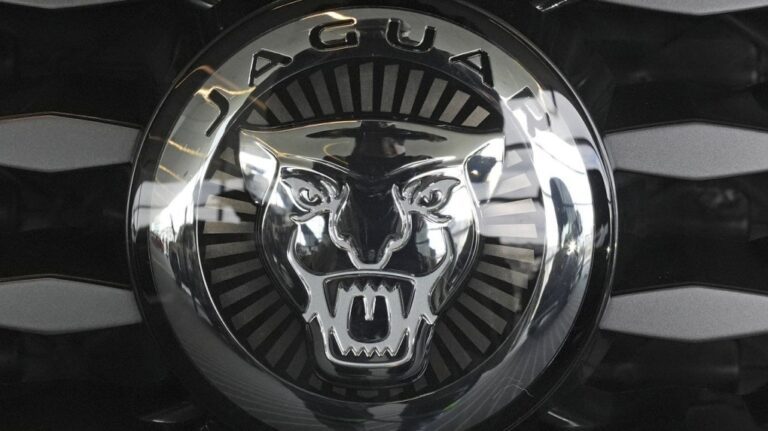 This is the Jaguar logo on a Jaguar automobile on display at the Pittsburgh International Auto Show in Pittsburgh, Feb. 15, 2024. (AP Photo/Gene J. Puskar, File)