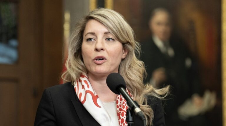 Minister of Foreign Affairs Melanie Joly speaks with reporters in the foyer of the House of Commons on Tuesday, May 21, 2024 in Ottawa. THE CANADIAN PRESS/Adrian Wyld