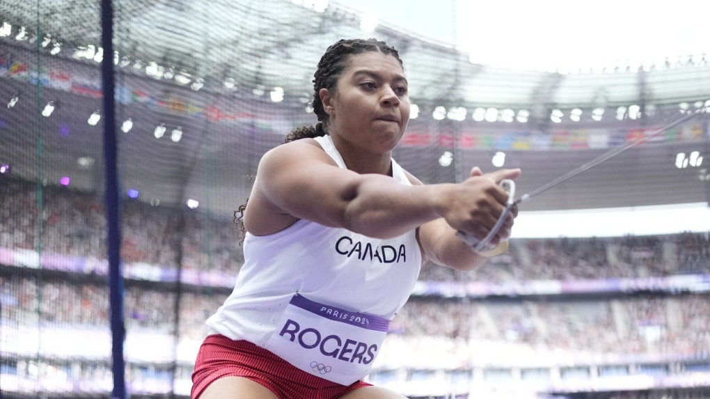 Camryn Rogers of Canada competes in the women's hammer throw qualification at the 2024 Summer Olympics, Sunday, Aug. 4, 2024, in Saint-Denis, France. After Ethan Katzberg won the men's hammer throw at the Paris Olympics, it's Rogers' turn to go for gold in the women's. (The Canadian Press/AP/Bernat Armangue)