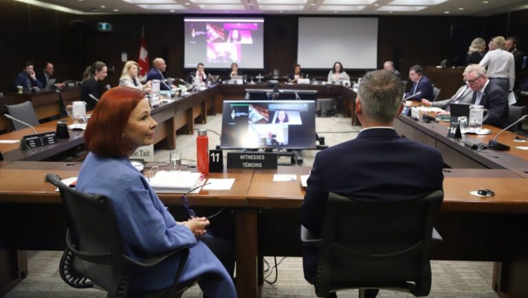 CBC President and Chief Executive Officer Catherine Tait and CBC Chief Transformation Officer and Executive Vice-President Marco Dube wait to appear at the Heritage Committee in Ottawa on May 7, 2024. (THE CANADIAN PRESS/Patrick Doyle)