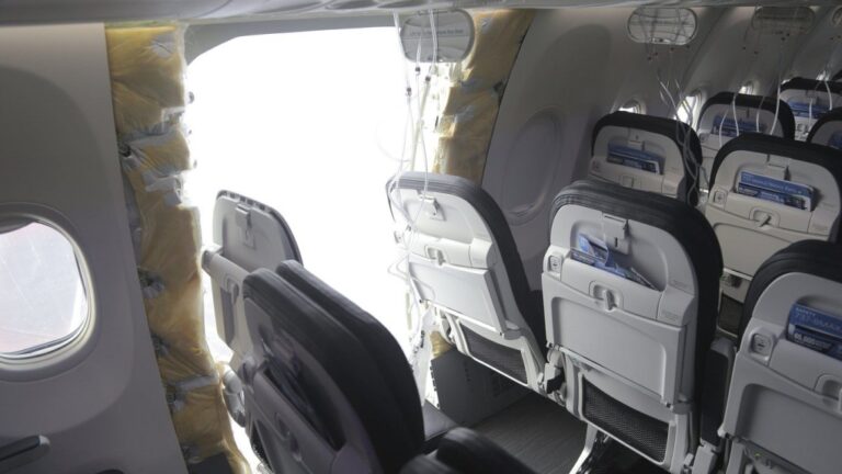 This image taken Sunday, Jan. 7, 2024, and released by the National Transportation Safety Board, shows the section of a a Boeing 737 Max where a door plug fell while Alaska Airlines Flight 1282 was in flight. (NTSB via AP, File)