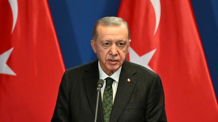 Turkish President Recep Tayyip Erdogan speaks during a joint statement with Hungary's Prime Minister Viktor Orban at the Carmelite Monastery in Budapest, Hungary, Monday, Dec. 18, 2023. (AP Photo/Denes Erdos)