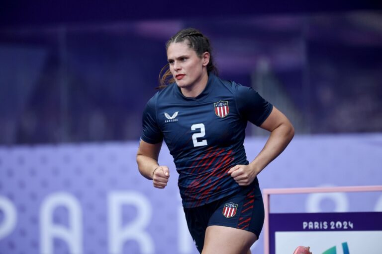 US women’s rugby center Ilona Maher helped Team USA win a bronze medal Tuesday in the rugby sevens competition against Australia in the 2024 Paris Games. (Christophe Petit Tesson/EPA-EFE/Shutterstock via CNN Newsource)
