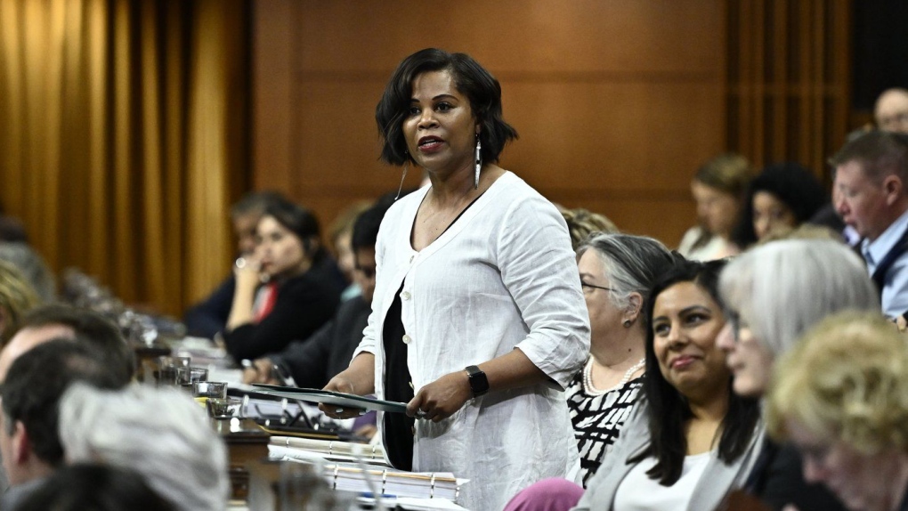 Minister for Women and Gender Equality and Youth Marci Ien rises during Question Period in the House of Commons on Parliament Hill in Ottawa on Wednesday, June 5, 2024. The federal Minister for Women and Gender Equality won't comment on the actions of a Liberal MP in a committee hearing about intimate partner violence last week, saying "parliamentary committees are independent." THE CANADIAN PRESS/Justin Tang