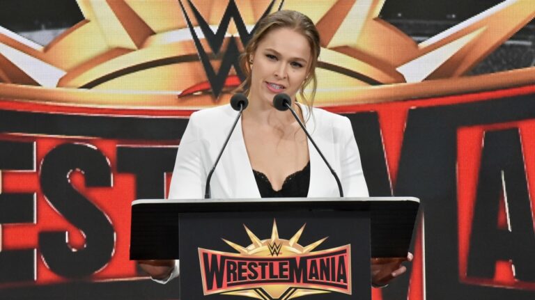 FILE - Professional wrestler Ronda Rousey speaks at a press conference in East Rutherford, N.J., Friday, March 16, 2018.(Marko Georgiev / The Record via AP, File)