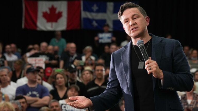 Conservative Leader Pierre Poilievre speaks during a rally in Montreal, Wednesday, June 19, 2024. (Christinne Muschi/THE CANADIAN PRESS)