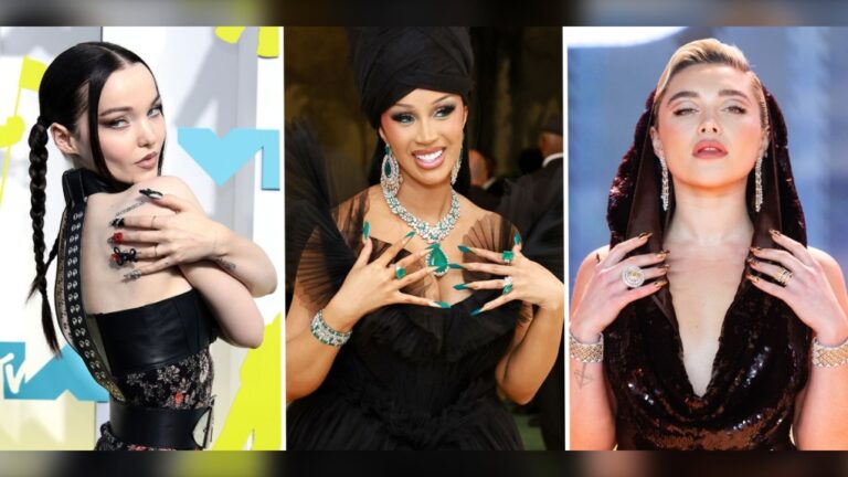 Dove Cameron, from left, Cardi B and Florence Pugh show off ornate, sculptural manicures on the red carpet. (Dimitrios Kambouris / Getty Images; Arturo Holmes / MG24 / Getty Images; Samir Hussein/ WireImage / Getty Images via CNN Newsource)
