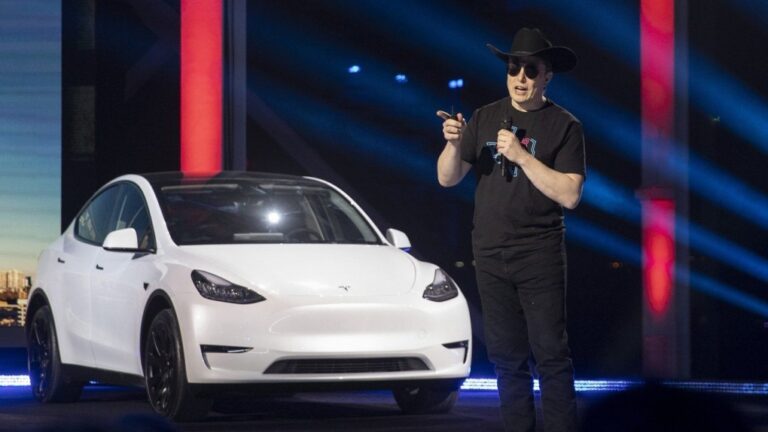 Tesla CEO Elon Musk speaks at the "Cyber Rodeo" grand opening celebration for the new Tesla Giga Texas manufacturing facility in Austin, Texas, on April 7, 2022. (Jay Janner /Austin American-Statesman via AP, File)