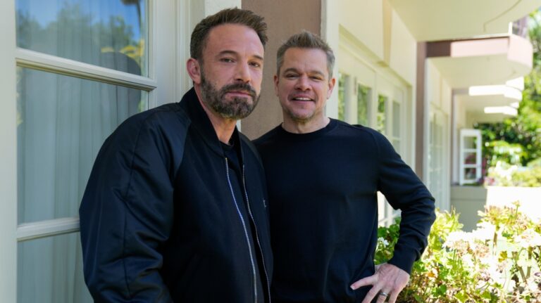 Ben Affleck, left, and Matt Damon pose for a portrait to promote the film 'Air' on Monday, March 27, 2023, at the Four Seasons Hotel in Los Angeles. (Ashley Landis / AP Photo)