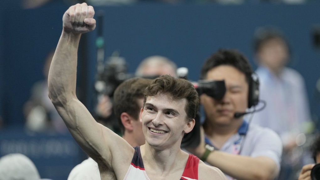 Stephen Nedoroscik, of the United States, celebrates during the men's artistic gymnastics individual pommel finals at Bercy Arena at the 2024 Summer Olympics, Saturday, Aug. 3, 2024, in Paris, France. (AP Photo/Abbie Parr)