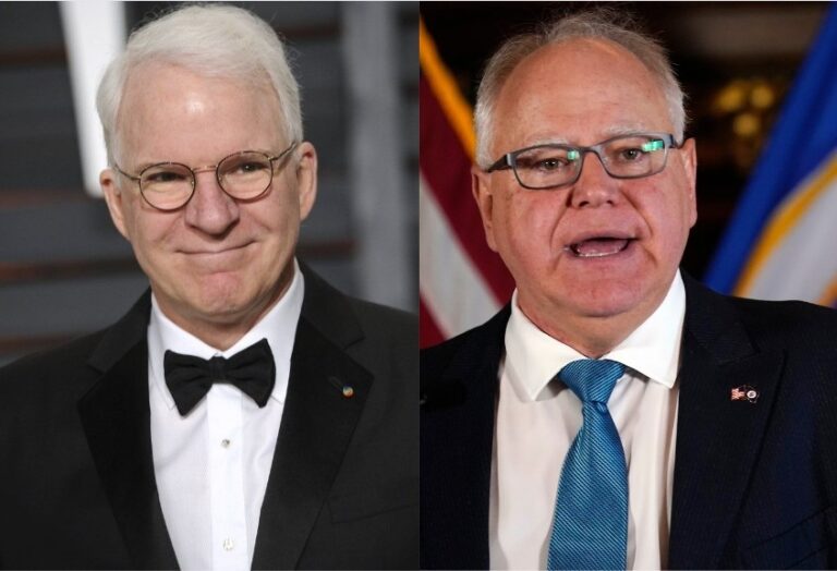 A combination image shows actor Steve Martin, left, and U.S. vice presidential candidate Tim Walz. (AP Photo/Abbie Parr/Evan Agostini/Invision)