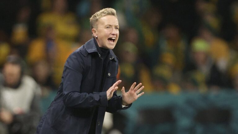 Canada coach Bev Priestman gestures during the Women's World Cup Group B soccer match between Australia and Canada in Melbourne, Australia, Monday, July 31, 2023. (THE CANADIAN PRESS/AP/Hamish Blair)