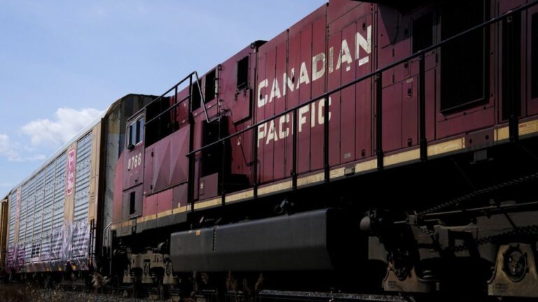 Canadian Pacific trains sit at the main CP Rail train yard in Toronto, March 21, 2022. (Nathan Denette/The Canadian Press via AP, File)
