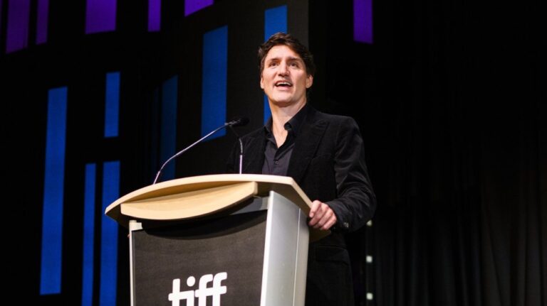 Prime Minister Justin Trudeau gives remarks ahead of the screening of the opening film “Nutcrackers”, at the 2024 Toronto International Film Festival in Toronto on Thursday, September 5, 2024. THE CANADIAN PRESS/Christopher Katsarov