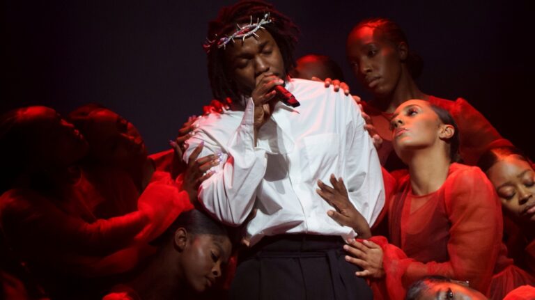 Kendrick Lamar performs at the Glastonbury Festival in Worthy Farm, Somerset, England, Sunday, June 26, 2022. (Scott Garfitt/AP Photo)
