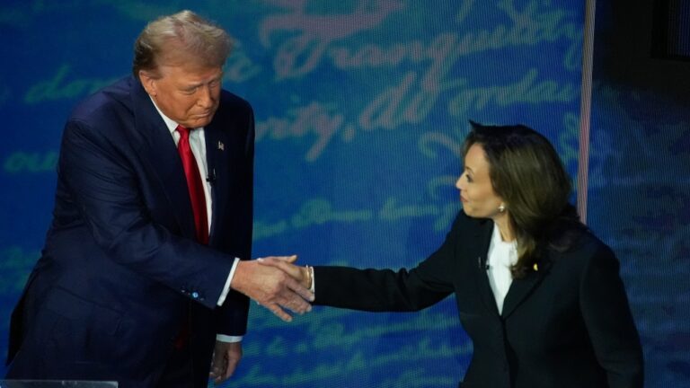 Donald Trump shakes hands with Kamala Harris during a presidential debate, Sept.10, 2024. (AP / Alex Brandon)