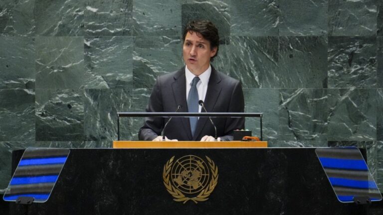 Prime Minister Justin Trudeau delivers a speech during a plenary at the Summit of the Future at the United Nations headquarters in New York on Sunday, Sept. 22, 2024. THE CANADIAN PRESS/Sean Kilpatrick