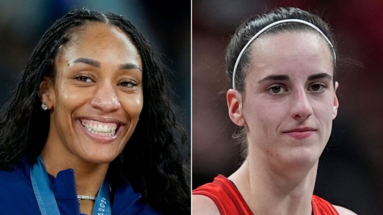 From left, A'ja Wilson's Las Vegas Aces and Caitlin Clark's Indiana Fever both won their games as the stars broke WNBA records. (AP via CNN Newsource)