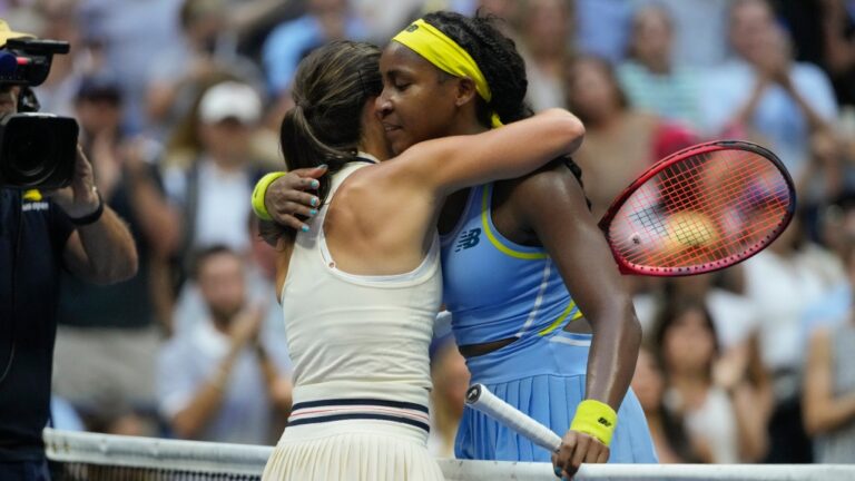 Emma Navarro, left, embraces Coco Gauff after defeating her in the fourth round of the U.S. Open in New York on Sept. 1, 2024. (Pamela Smith / AP Photo)