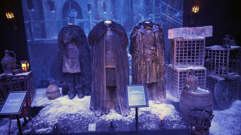 Costumes from the characters Alliser Thorne and Jon Snow on display at the launch of The Game of Thrones Touring Exhibition at the Titanic Exhibition centre in Belfast, Northern Ireland, April 10, 2019. (AP Photo, File)