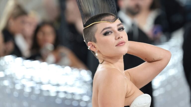 Florence Pugh soon after her hair was shaved off at The 2023 Met Gala Celebrating 'Karl Lagerfeld: A Line Of Beauty' at The Metropolitan Museum of Art on May 01, 2023 in New York City. (Jamie McCarthy/Getty Images via CNN Newsource