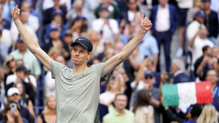 Jannik Sinner, of Italy, reacts after defeating Taylor Fritz, of the United States, to win the men's singles final of the U.S. Open tennis championships, Sunday, Sept. 8, 2024, in New York. (Kirsty Wigglesworth/AP Photo)