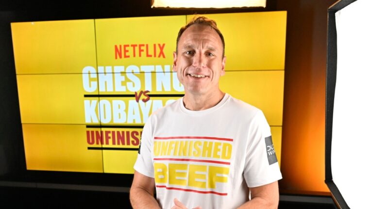 Joey Chestnut breaks own world record by eating 83 hot dogs and buns in Netflix contest on Sept. 2. (David Becker/Getty Images via CNN Newsource)