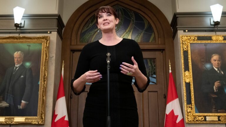 Bloc Quebecois MP for Saint-Jean Christine Normandin speaks with the media following Question Period, Tuesday, May 3, 2022 in Ottawa. (Adrian Wyld / The Canadian Press)