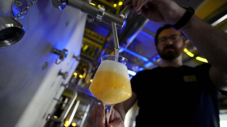 Head Brewmaster Tobias Zollo fills beer at the Weihenstephan brewery in Freising, Germany, Friday, Sept. 20, 2024. (Matthias Schrader/AP Photo)