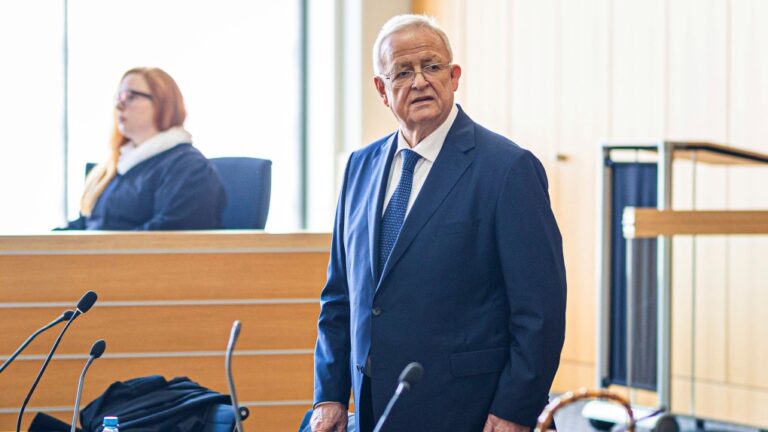Former Volkswagen Group CEO Martin Winterkorn stands in a hall of the Braunschweig Regional Court in Brunswick, Germany, Tuesday, Sept. 3, 2024. (Moritz Frankenberg/dpa via AP)