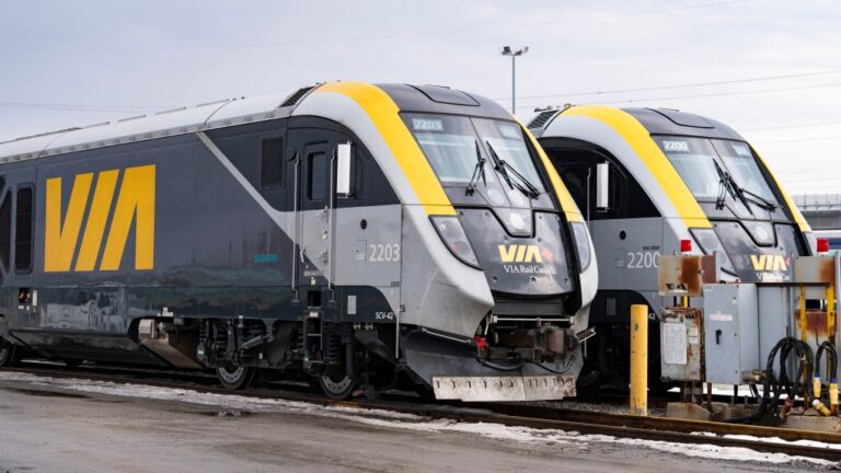 New passenger trains sit on the tracks at the Via Rail Canada Maintenance Centre in Montreal, Thursday, Feb. 22, 2024. (Christinne Muschi / The Canadian Press)