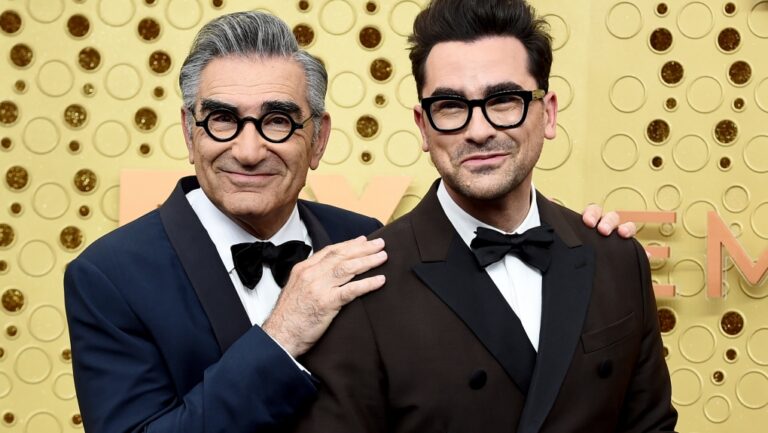 Eugene and Dan Levy at the 71st Primetime Emmy Awards in 2019. The Canadian father-and-son duo will host the Emmy Awards ceremony tonight, which airs on CTV2 at 8 p.m. ET. (Jordan Strauss / Invision / AP)