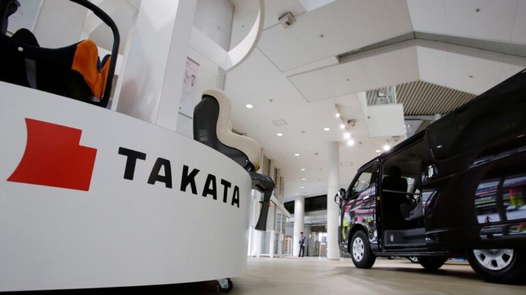 The Takata Corp. logo is displayed at a Toyota Motor Corp.'s showroom in Tokyo on Nov. 6, 2014. (AP / Shizuo Kambayashi)