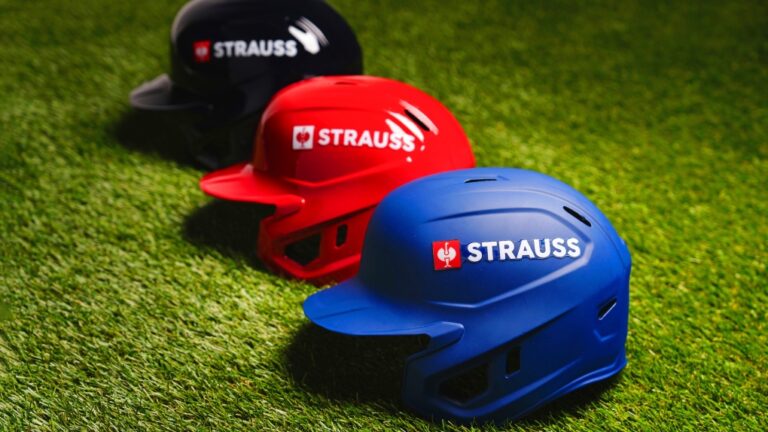 This image provided by Major League Baseball shows Strauss branded batting helmets taken at Major League Baseball Headquarters, Thursday, Sept. 12, 2024, in New York. (Mary DeCicco/Major League Baseball via AP)