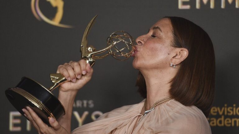 Maya Rudolph kisses her trophy for outstanding character voice-over performance on “Big Mouth" on night one of the Creative Arts Emmy Awards on Saturday, Sept. 7, 2024, in Los Angeles. (Photo by Richard Shotwell/Invision/AP)