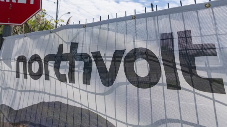The entrance to Northvolt, the new EV battery plant being built by the Swedish manufacturer in Saint-Basile-le-Grand, east of Montreal, Que.,Thursday, May 16, 2024. (Christinne Muschi / The Canadian Press)