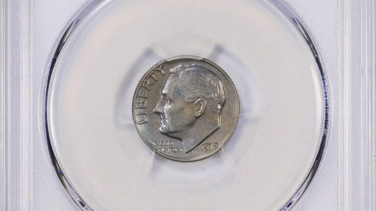This undated image provided by GreatCollections shows a 1975 proof set dime mistakenly made without the San Francisco Mint’s letter S mintmark. (GreatCollections via AP)