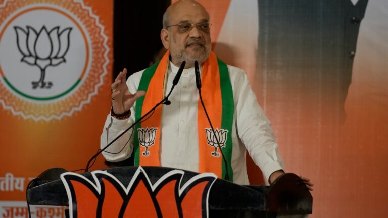 India Home Minister Amit Shah speaks while releasing the manifesto of the party for the upcoming Legislative Assembly elections in Jammu, India, Friday, Sep.6,2024.(Channi Anand/AP Photo)
