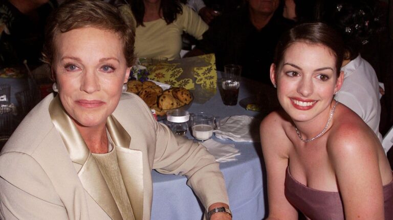Actors Julie Andrews, left, and Anne Hathaway attend an after-party at the premiere of the film "The Princess Diaries," Sunday, July 29, 2001, in the Hollywood section of Los Angeles. (Chris Weeks / AP Photo)