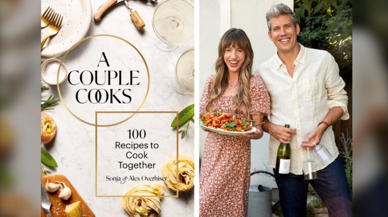 Book cover for "A Couple Cooks: 100 Recipes to Cook Together" (left) by food bloggers Sonya and Alex Overhiser (right). (Chronicle Books and Shelly Westerhausen via AP)