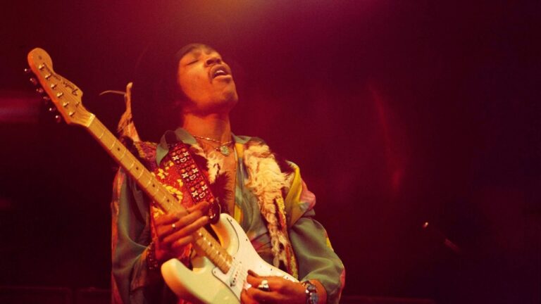 American rock guitarist and singer Jimi Hendrix is seen performing at London's Royal Albert Hall on February 18, 1969. (David Redfern/Redferns/Getty Images/File via CNN Newsource)