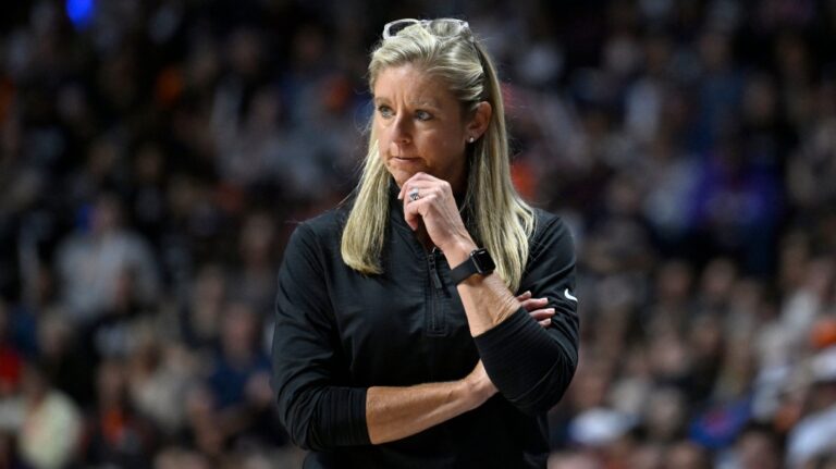 Ex-Indiana Fever head coach Christie Sides is seen during a first-round WNBA basketball playoff game against the Connecticut Sun, Wednesday, Sept. 25, 2024, in Uncasville, Conn. (Jessica Hill / The Associated Press)