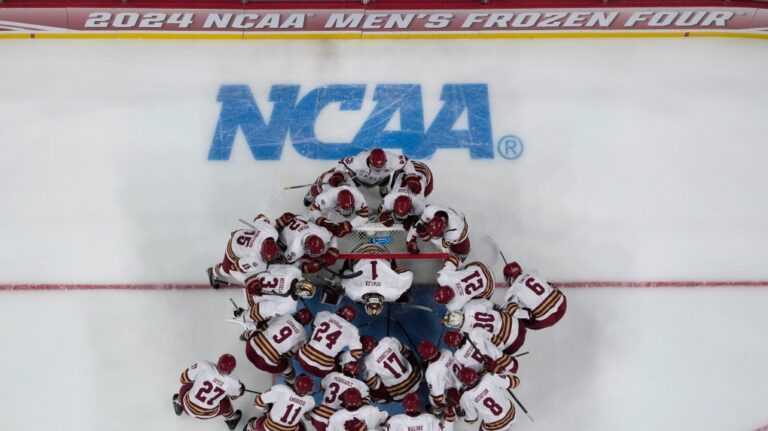 Boston College players huddle before the Frozen Four championship game against Denver in the men's NCAA college hockey tournament Saturday, April 13, 2024, in St. Paul, Minn. (Abbie Parr / AP Photo)
