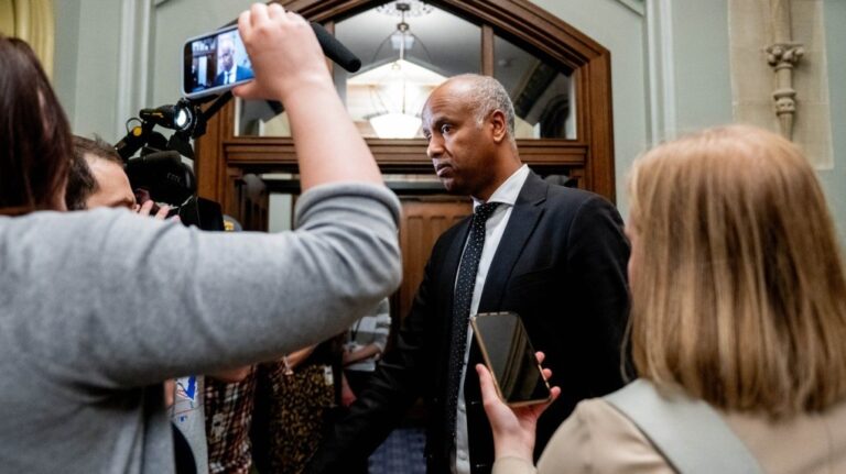 Ahmed Hussen, Minister of International Development, speaks to reporters before a cabinet meeting on Parliament Hill in Ottawa, on Tuesday, May 7, 2024. (THE CANADIAN PRESS / Spencer Colby)