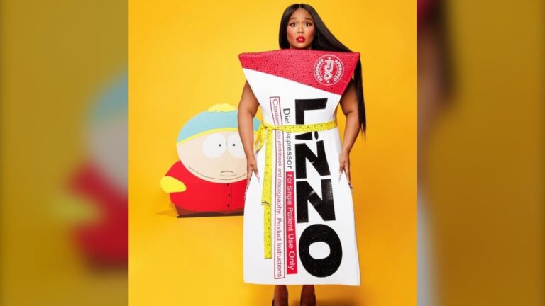 Lizzo has taken a rather silly reference to her on a recent “South Park” episode and elevated it to a hilarious Halloween costume, consisting of a faux drug box brandishing her name. (Lizzo Instagram account)