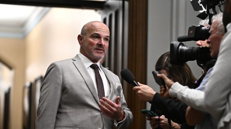 Minister of Employment, Workforce Development and Official Languages Randy Boissonnault takes questions from reporters before a meeting of the Liberal caucus on Parliament Hill in Ottawa on Wednesday, Oct. 9, 2024. THE CANADIAN PRESS/Justin Tang